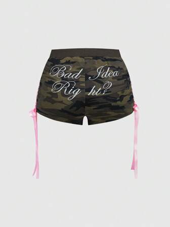 ROMWE Avant Shorts de mujer de cintura baja con estampado de camuflaje y letras inglesas bordadas en estilo Y2K