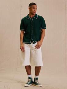 Musero Knitted Contrast Stitch Full Button Up Top - Dark Green - View 5