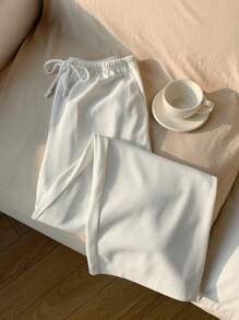 Comfortcana Damen Weit geschnittene Hose aus gewebtem einfarbigem Stoff mit Tunnelzug in Taille, Weiß - Weiss - Übersicht 4