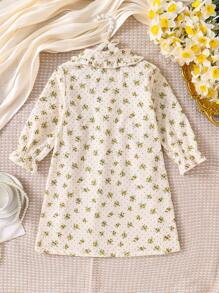 女婴桃色底色全身粉色花卉印花长袖长睡袍，家居睡衣