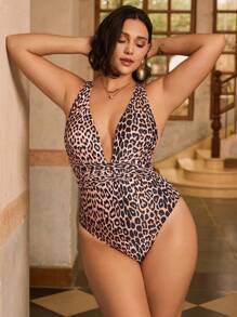 Swim Chiccia 加大码连体豹纹交叉泳衣，夏季海滩 - 彩色 - 查看 3