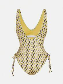 Maija Maillot de bain une pièce femme à imprimé géométrique col V, style décontracté vacances. Style bohème moderne pour plage et villégiature, tenue de festival style exotique, vacances d'été, dopamine.