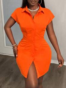 Slaydiva Summer Casual Shirt Collar Button Down Short Sleeve Fitted Mini Dress - Orange - View 2