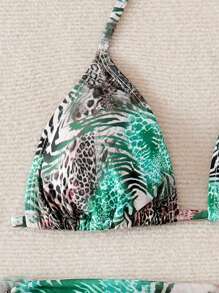 SHEIN Swim Women's Summer Sexy Random Print Halter Wrap Bandeau Bikini Top, Ruffle Edge Tie Side Mini Skirt 3-Piece Set - Multicolor - View 3