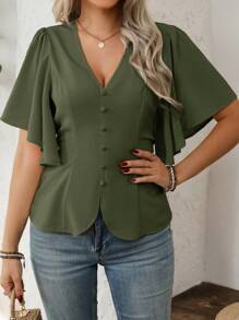 Vionelle 大码女式春夏法式精致优雅办公室休闲度假 V 领纽扣装饰腰部鱼尾喇叭袖短袖衬衫 - 軍綠色 - 查看 5