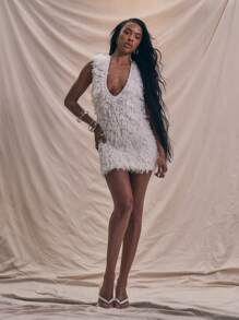 MUSERA 迷你无袖纹理超低领连衣裙夏季假日服装