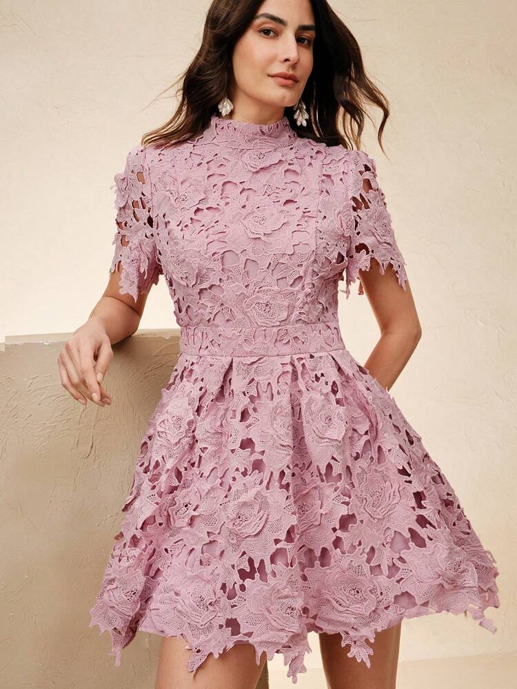 Sukienka damska z krótkim rękawem i kołnierzykiem z kwiatami 3D, ściągana w talii, elegancka, wiosna/lato