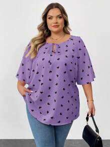 SHEIN CURVE+ 大码情人节心形印花长袖衬衫，适合春冬季 - 紫色 - 查看 4