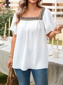 SHEIN LUNE Plus Size Women Square Neck Embroidery Tape Flowy Sleeve Retro Print Trim Blouse Top Cowgirl Summer For Graduation Spring Easter Vacation Bohemia - White - View 6