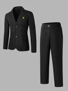 SHEIN مجموعة بدلة شبه الرسمية للفتيان،2 قطعة: معطف بأكمام طويلة مطبوع ذو ياقة + بنطلون، لباس رسمي أنيق مناسب لعيد الحب، حفلة عيد الميلاد، الحفل الرسمي، الزفاف، المعمودية، عيد الميلاد الأول - الأسود - مشاهدة 1