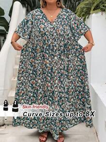 SHEIN CURVE+ 大码女式度假碎花 V 领短袖休闲太阳裙，曲线加大，波西米亚风度假海滩装，女士/沙滩裙/海滩度假装/海滩必备品/毕业/茶会礼服