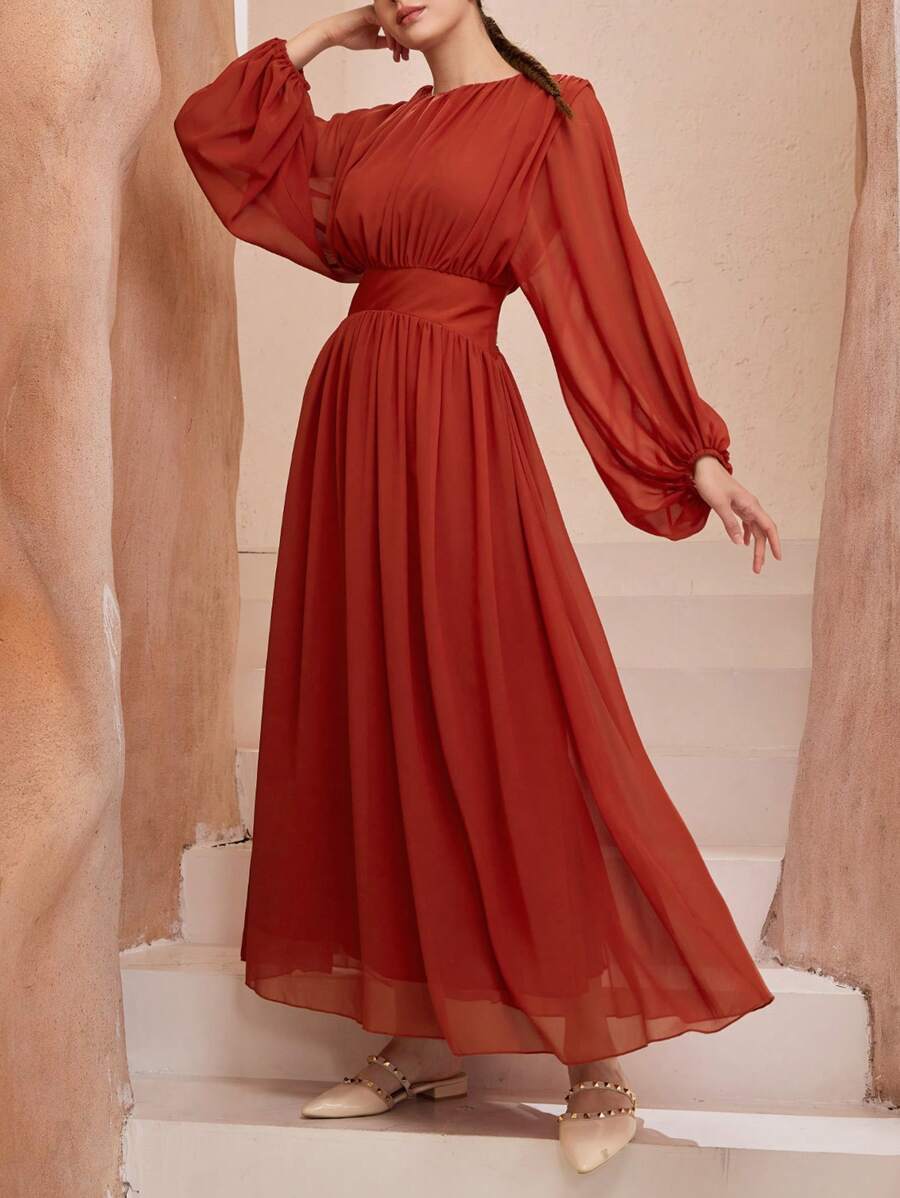 Graceveil Ruched Chiffon Flare Arabic Style Dress For Women - Red - View 1