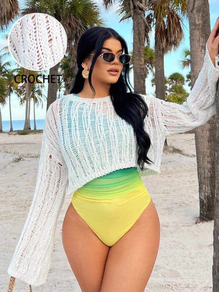 SHEIN SXY Women Sweaters,Beach Cover Up Women,Bathing Suit Cover Up,Beach Cover Up,White Top,White Long Sleeve,Vacation Outfits Woman,Summer Outfits For Women, Women Beach Outfits,Spring Break,Boho,Rave ,Ibiza Outfits,Gyaru,Mesh,Sexy,Crochet Top