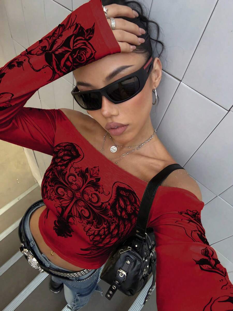 StreetHx 女士街头服饰心形印花露肩长袖 T 恤 - 紅色 - 查看 1