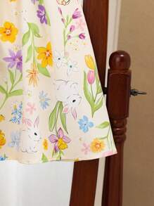 Souflis Souflis Vestido de princesa con estampado de conejos y flores, con mangas cortas, para niñas - Nuevas llegadas de primavera/verano para niñas