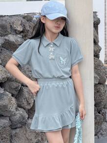 DAZY 2 件套青少年女孩针织领短袖 T 恤和裙子套装，夏季，返校服装 - 藍色 - 查看 3