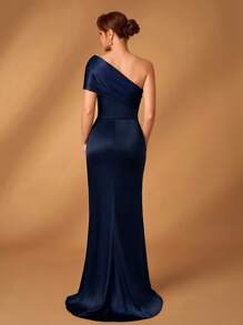 Serin Elegantes luxuriöses marineblau-satiniertes Kleid mit einer Schulter, plissiert, Meerjungfrausaum, verziert, geeignet für Abendpartys, Dates, Bankette, Hochzeiten, Brautmutter