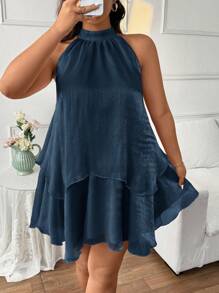 SHEIN Frenchy Plus Size Elegant Women Dresses Pearlescent Crinkled Chiffon Halter Bow Layered Cake Dress Flowy Dress