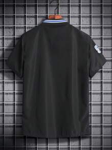 Manfinity Campus Court Aesthetic Post--Men's Casual Striped Letter Print Short Sleeve Shirt, Summer Baseball Shirts Baseball Shirt Men Men Baseball Shirt - Black - View 2