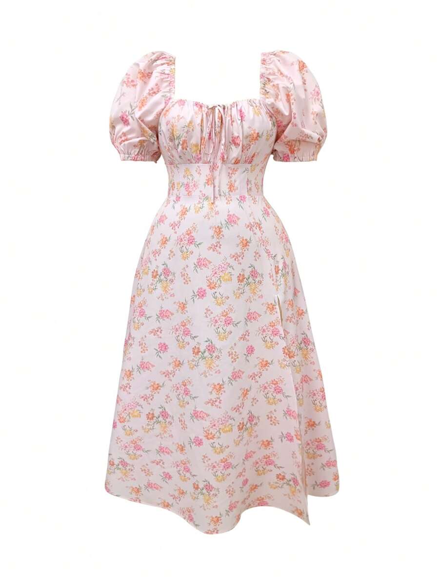 Viva Relle Plus Size Elegant Floral Print High Slit Dress - Pink - View 1