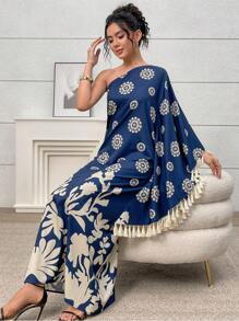 Al Najma Women's Floral Print Batwing One Shoulder Fringe Design Loose Super Long Dress