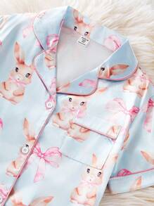 Set Piyama Celana Pendek Sutra Imitasi Motif Pita & Kelinci untuk Anak Perempuan, Pakaian Rumah yang Nyaman - Baby Blue - View 6