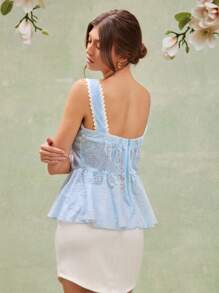 L'Amorae Elegant Pastel Blue Eyelet Tie Strap Peplum Ruffle Hem Summer Tank Top With Wavy Border Details, Easter, Summer For Women, Beach For Women - Blue and White - View 3