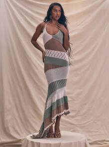 MUSERA 露背领口撞色针织拼接修身长裙夏季度假太阳裙柔软伊比萨海滩