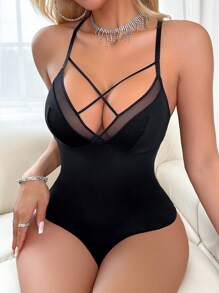 Camisola de mujer de unicolor con parches de malla y cruzada