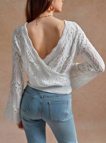 Écloséra 法式修身圆领长袖镂空米色针织套头衫女款，春夏针织套头衫秋冬 - 米色 - 查看 1