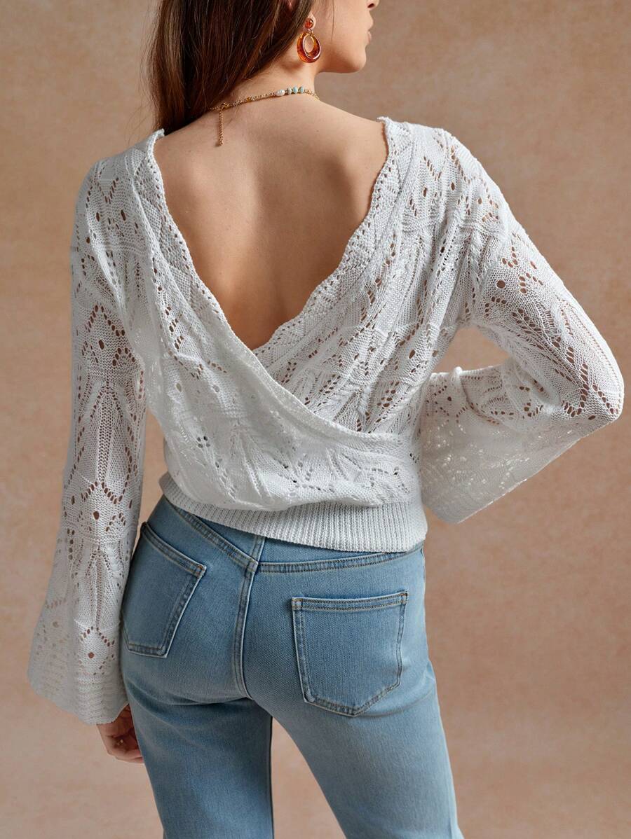 Écloséra 法式修身圆领长袖镂空米色针织套头衫女款，春夏针织套头衫秋冬 - 米色 - 查看 1