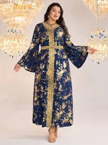 Al Najma Vestido largo de estilo árabe con estampado de lámina de oro y mangas acampanadas para mujer de talla grande