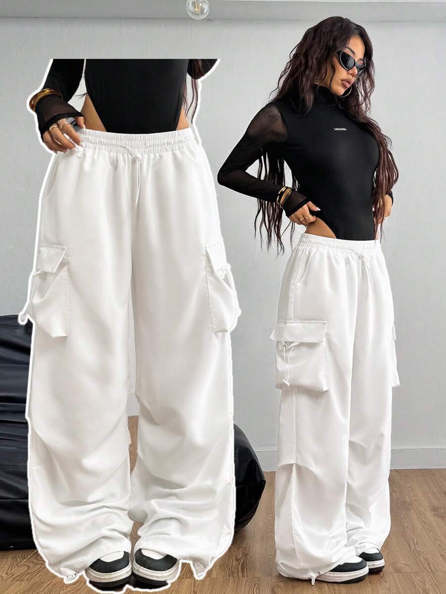 Coolane 黑色带盖口袋侧抽绳腰部降落伞工装裤 - 白色 - 查看 1