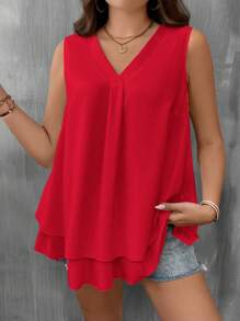 EMERY ROSE Áo kiểu nữ cỡ lớn cổ chữ V không tay, bèo nhún, phong cách thường ngày, thích hợp cho mùa hè. - Đỏ - Xem 3