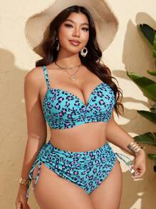 Swim Lushoire 2pcs Plus Size Women Leopard Print Padded Bra Crisscross Strap Tankini Top & High Waist Drawstring Ruched Bottom, Fashionable Casual Beach Swimwear Set