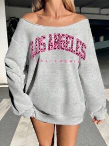 SHEIN EZwear Áo nỉ dài tay rộng rãi hở vai cỡ lớn dành cho nữ - Màu Xám nhạt - Xem 5