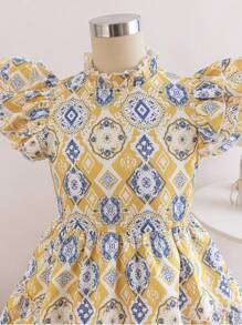 Tween Girls Elegant Geometric Retro Print Ruched Ruffle Hem Dress, Vacation, Gorgeous Palace Style, Gold Retro Print - Khaki - View 10