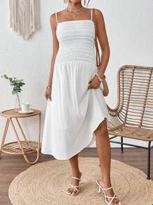 SHEIN White Boho Maternity Dress: Shirred Spaghetti Strap Midi Dress, Knee Length Casual Summer Dress For Women - White - View 5