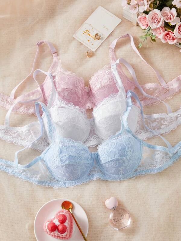 Shein Underwear&Sleepwear Basics 3pcs/Set Simple Design Women Underwire Lingerie Bras, Sexy Lace French Romantic Lingerie Brassiere