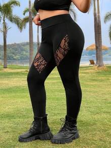 SHEIN EZwear Black Plus Size Lace Trim Leggings - Black - View 5