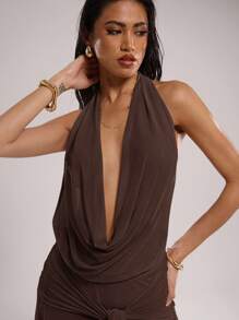 SHEIN BAE 女式纯色露背垂坠领连衣裙 - 棕色 - 查看 7