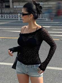 DAZY 女式蕾丝透视不对称肩部衬衫，春夏长袖女式上衣，秋季女装