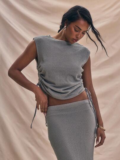 MUSERA Blusa sin mangas con textura de punto con lazo lateral y drapeado, perfecta para el verano, vacaciones, primavera, elegante y linda