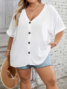 SHEIN CURVE+ Women Plus Size V-Neck Batwing Sleeve Loose Casual Blouse, Summer Top
