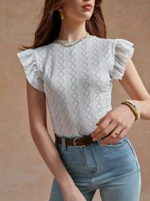 Écloséra Elegant White Round Neck Cap Sleeve Back Hollow Floral Lace Patchwork Bodysuit For Women, Spring/Summer - White - View 3