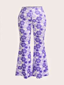SHEIN ICON Plus Size Colorful Floral Print Loose Casual Pants, Suitable For Summer - Purple - View 1