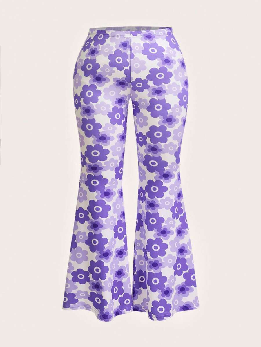 SHEIN ICON Plus Size Colorful Floral Print Loose Casual Pants, Suitable For Summer - Purple - View 1