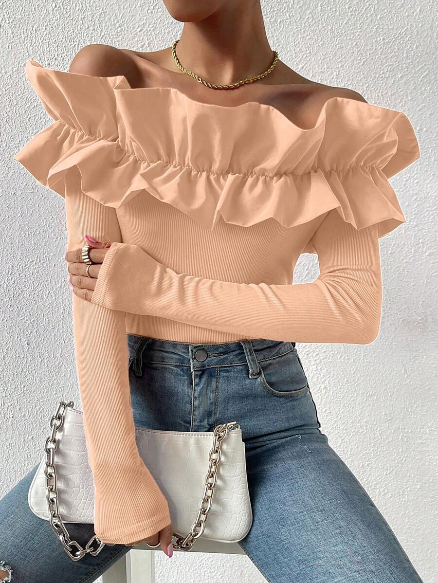 Chiquease 女士纯色荷叶边露肩长袖休闲 T 恤 - 粉色 - 查看 1