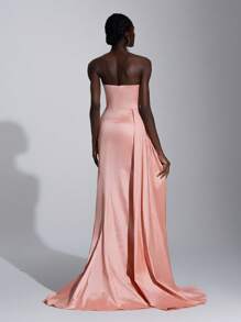 SHEIN Belle 优雅华丽的珊瑚粉色奢华缎面手工钻石链露肩系带褶皱性感开叉鱼尾带飘带和拖尾下摆连衣裙适合约会单身派对鸡尾酒会毕业典礼正式场合晚礼服、礼服、晚会、婚礼宾客 - 粉色 - 查看 3