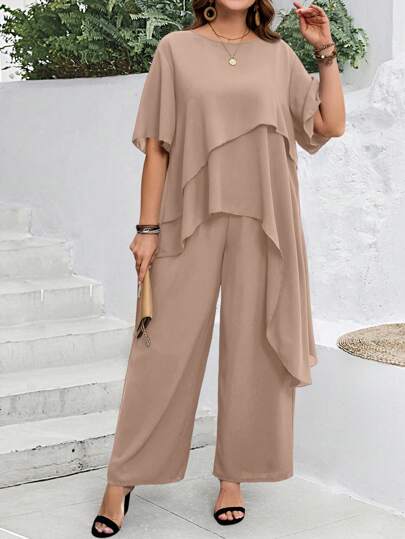 EMERY ROSE 2 件大码女式夏季蓝色不对称衬衫和裤子波西米亚风套装